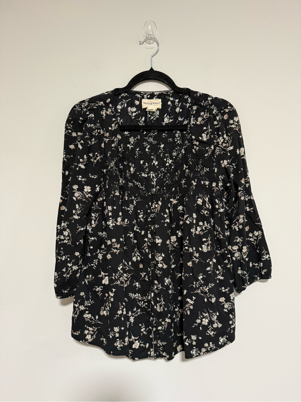 Ralph Lauren Denim & Supply Black Ditsy Floral Smocked Yoke Top Size Large
